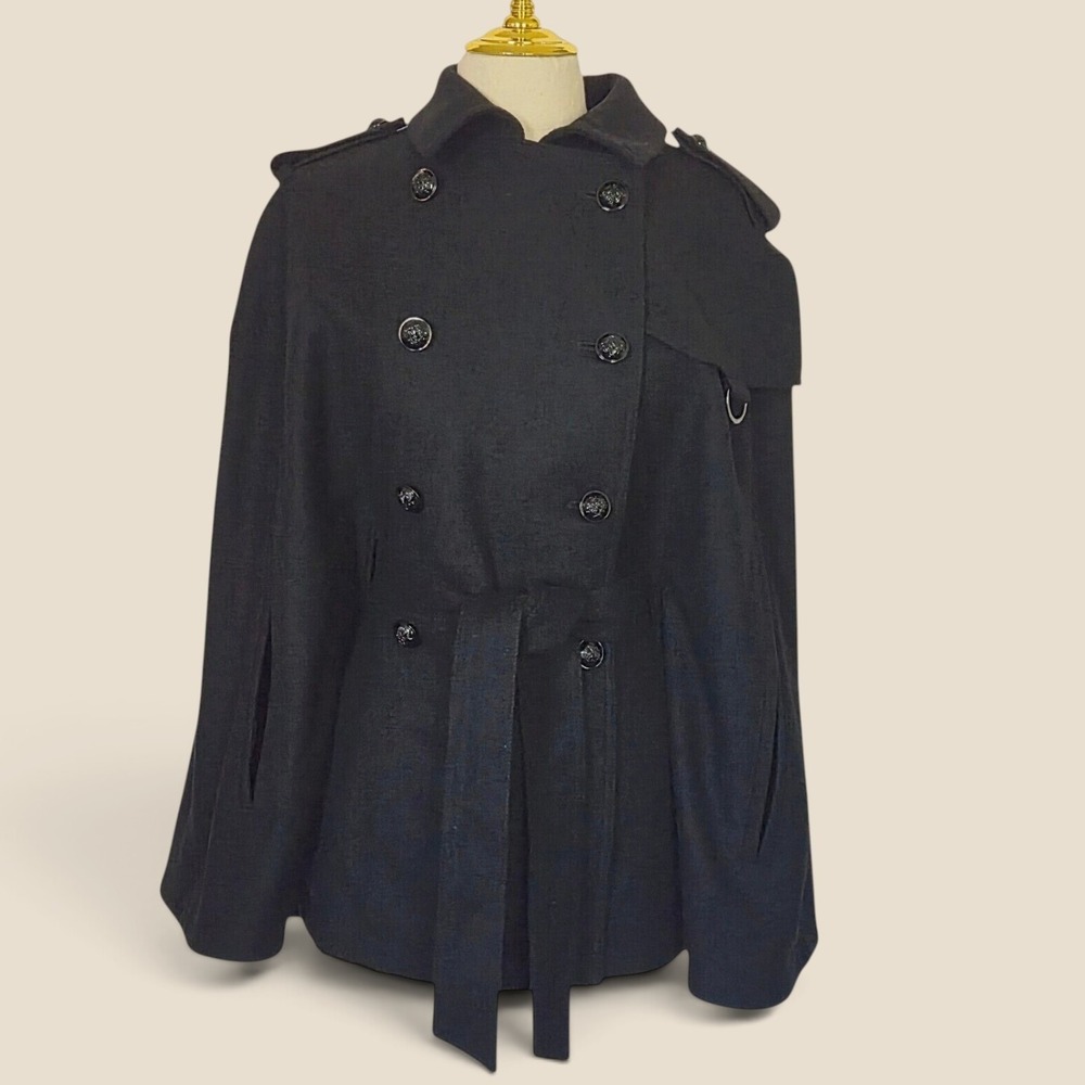 Banana Republic Wool Cape Coat Women XL Black Excellent Double Breasted Belted